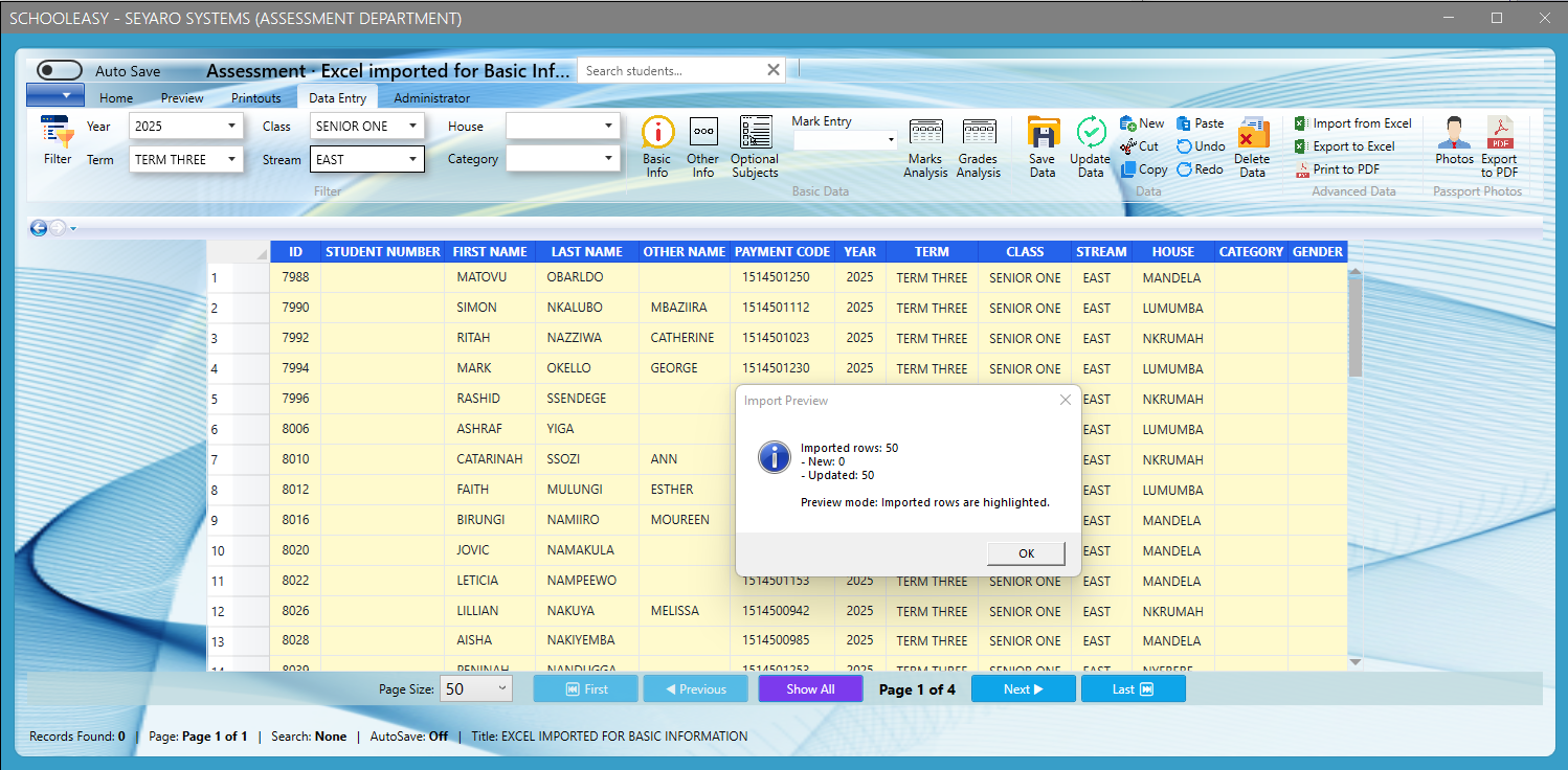 Excel import preview window