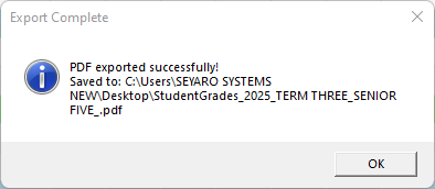 PDF export complete dialog