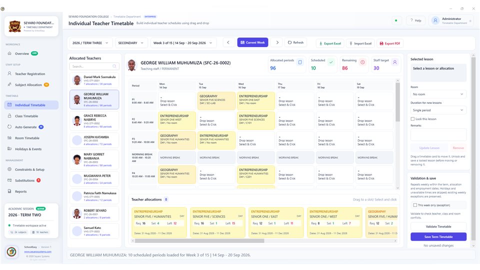 SchoolEasy: Individual teacher timetable