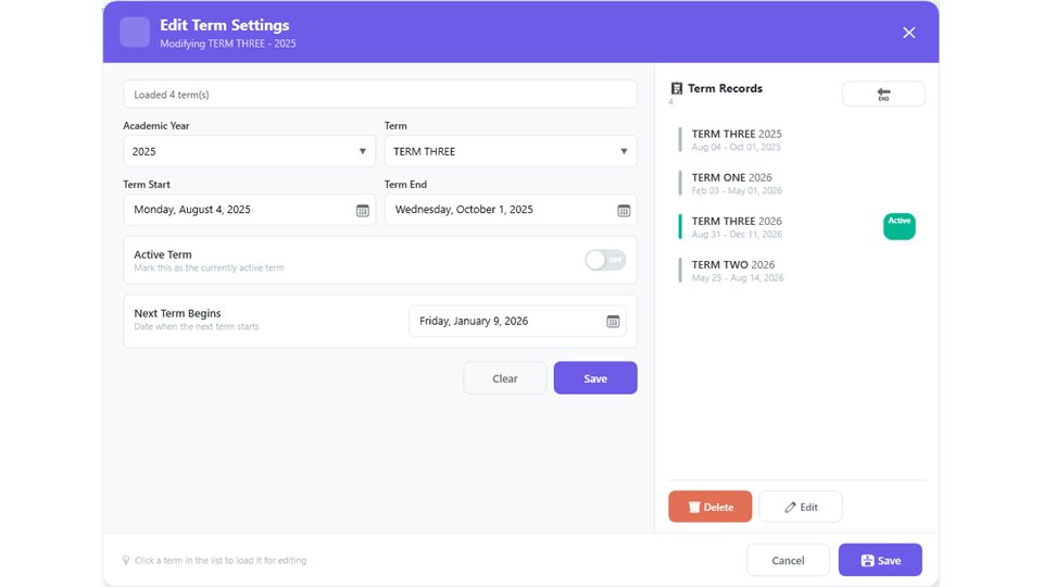 SchoolMeridian: Academic term settings